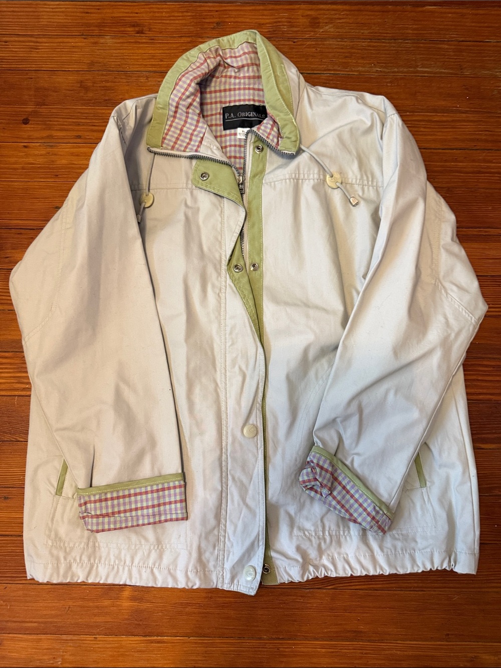 Women's Light Cream Windbreaker Jacket with Green Trim